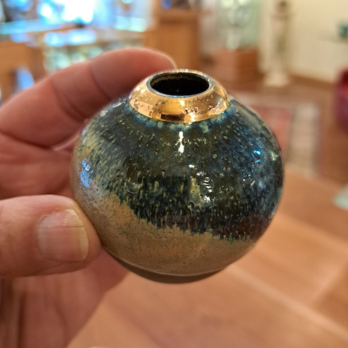 JP-008 Pottery Handmade Miniature Vase Gold, Blue, Sand, Gray $68 at Hunter Wolff Gallery